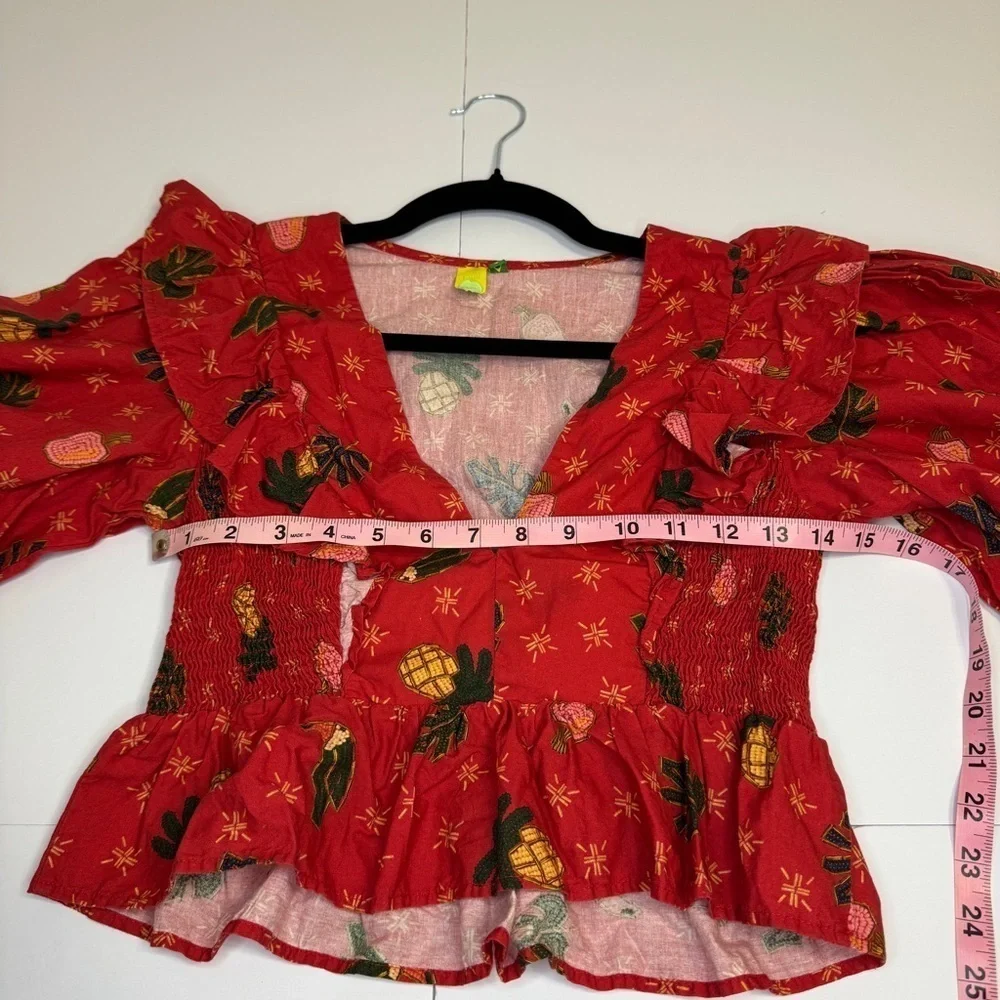 🍍 FARM Rio Red Tropical Print Ruffle Smocked Peplum Blouse (Size P / Small)